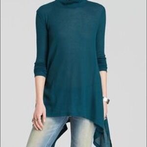 We The Free Oversized Turtleneck Tunic S Teal Asym Hem Boho Cozy Sweater